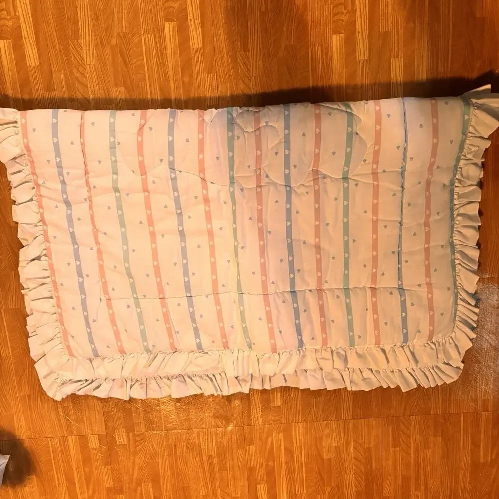 Vintage Teddy Bear Baby Crib Comforter Quilt 49x38 Pastel Ruffle Reversible